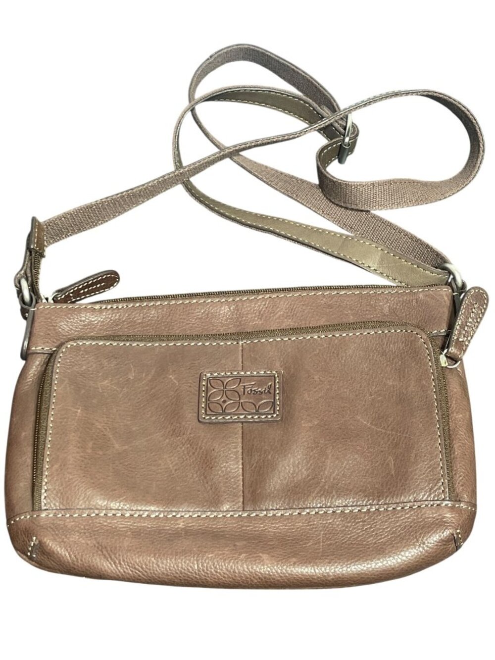 Fossil Brown Leather Crossbody Purse Bag Adj Strap Organizer Zip Closure